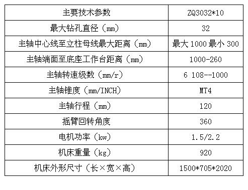 ZQ3032机械摇臂钻床技术参数