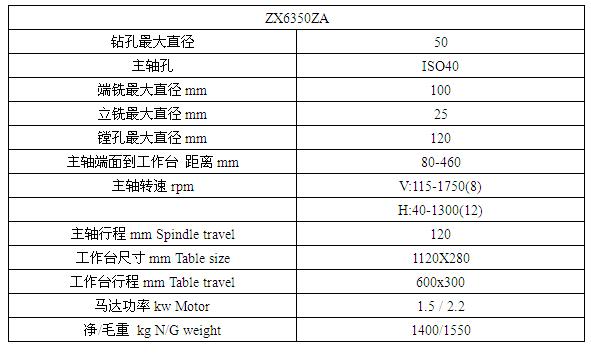 ZX6350ZA钻铣床技术参数